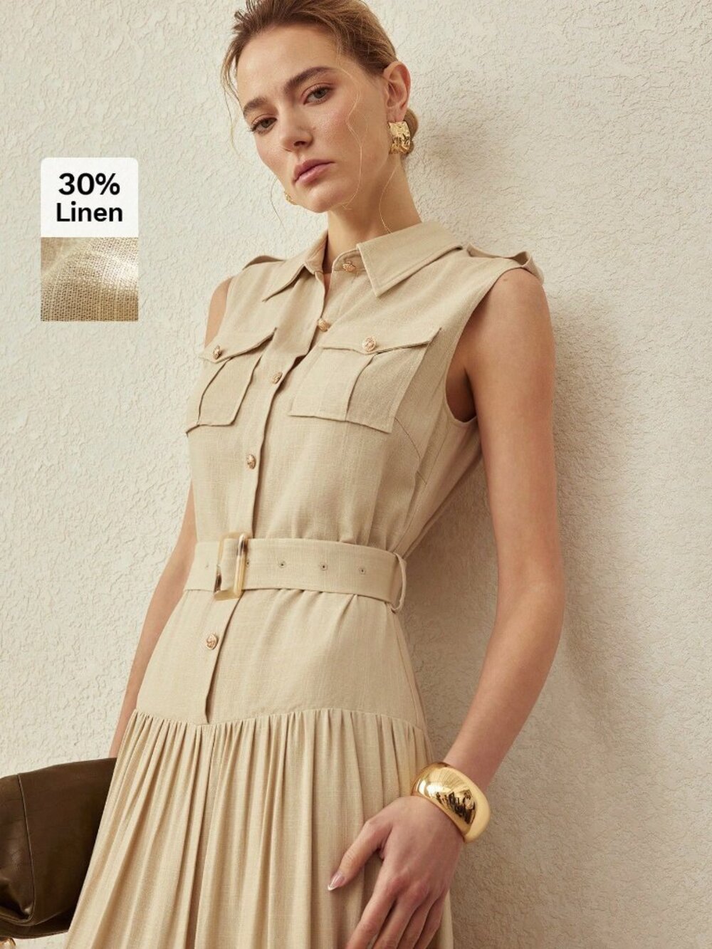 Khaki Elegant Women's Utility Pocket Maxi Shirt Dress